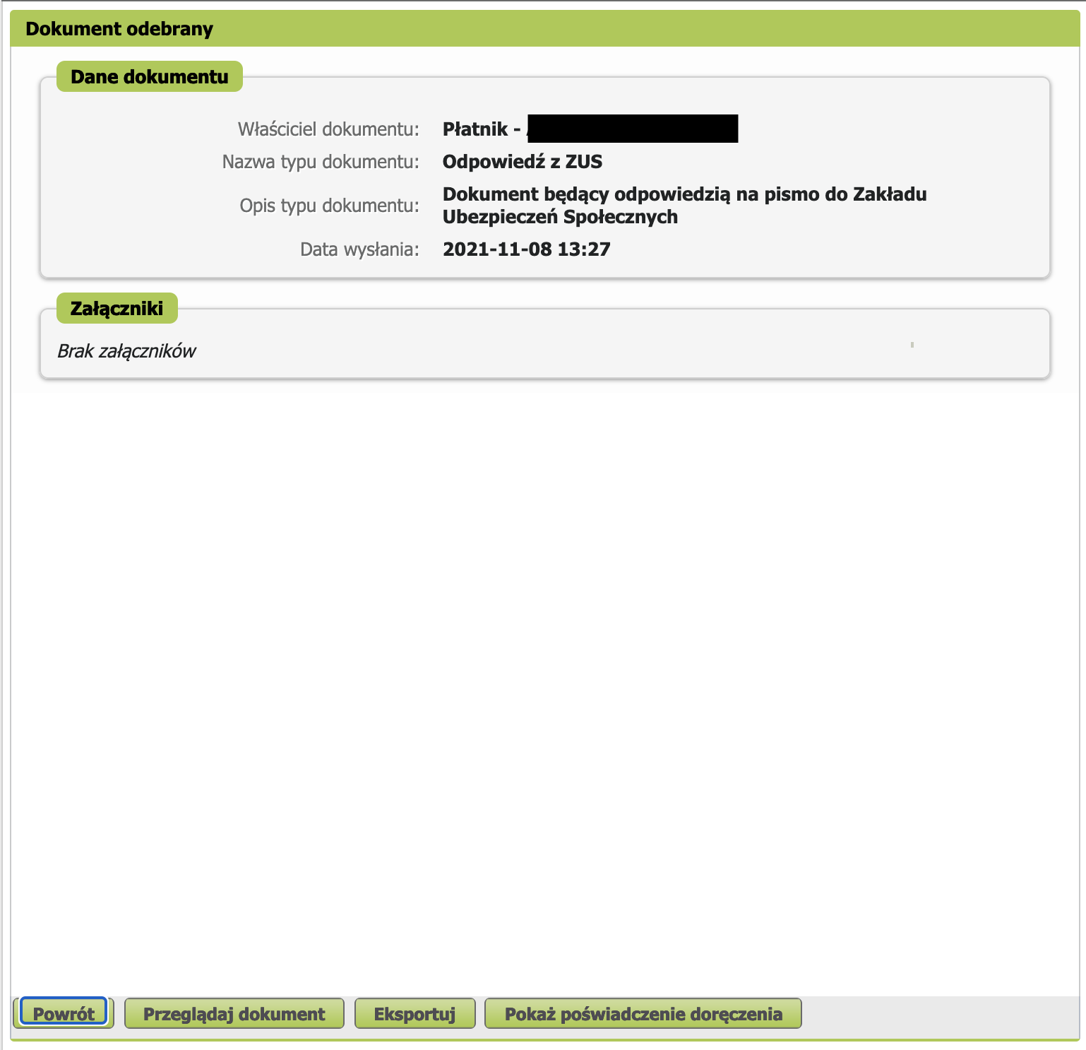 PUE ZUS: document details, Przeglądaj dokument button