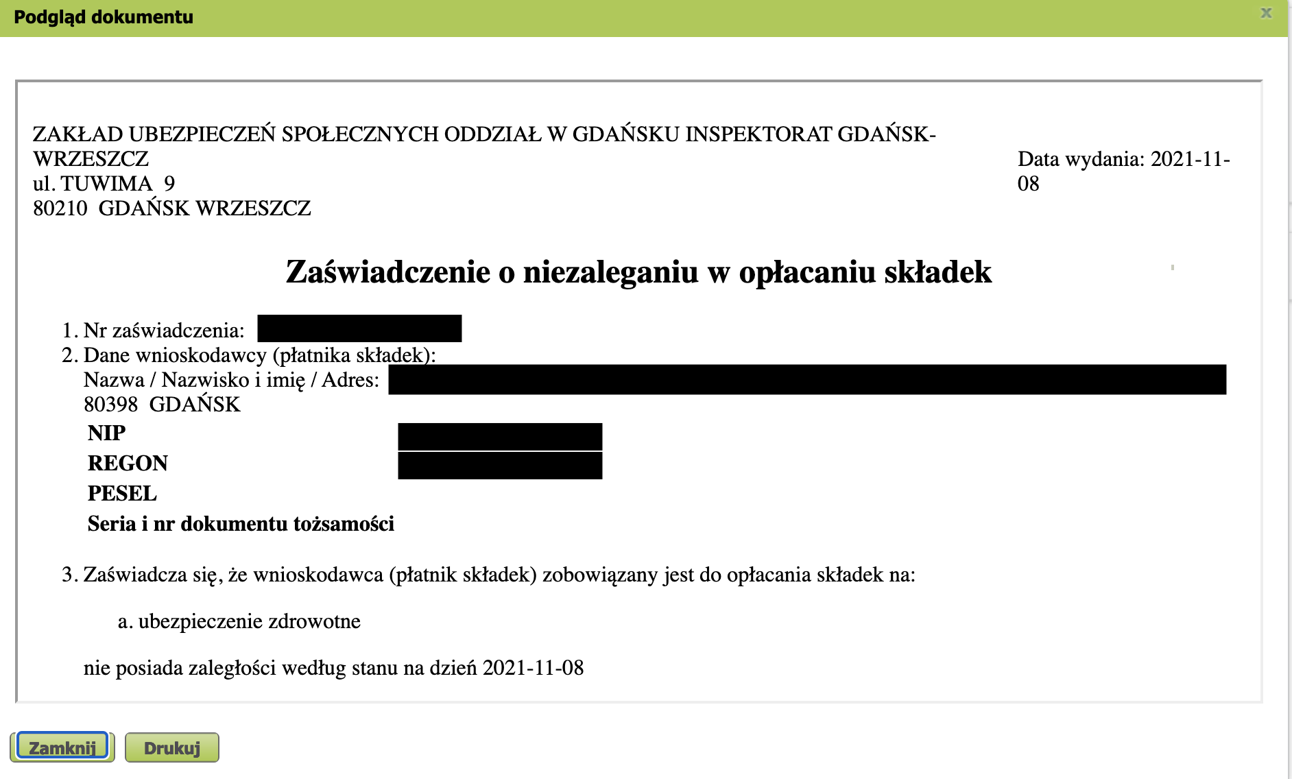 PUE ZUS: certificate preview, Drukuj button