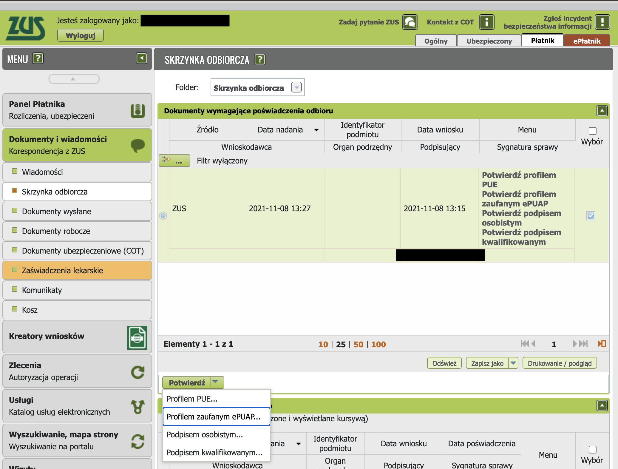 PUE ZUS: Korespondencja z ZUS section — list of incoming documents