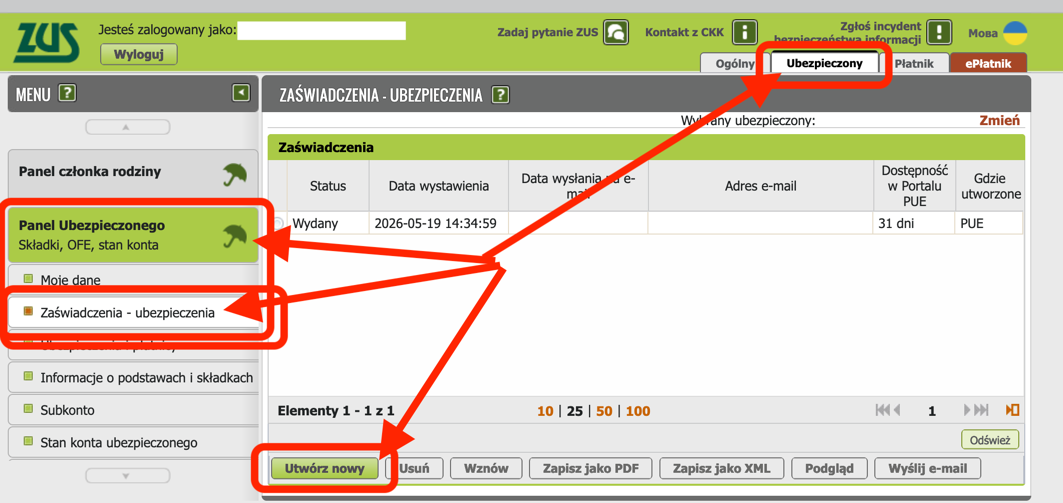 PUE ZUS, Zaświadczenia — ubezpieczenia section: Utwórz nowy button
