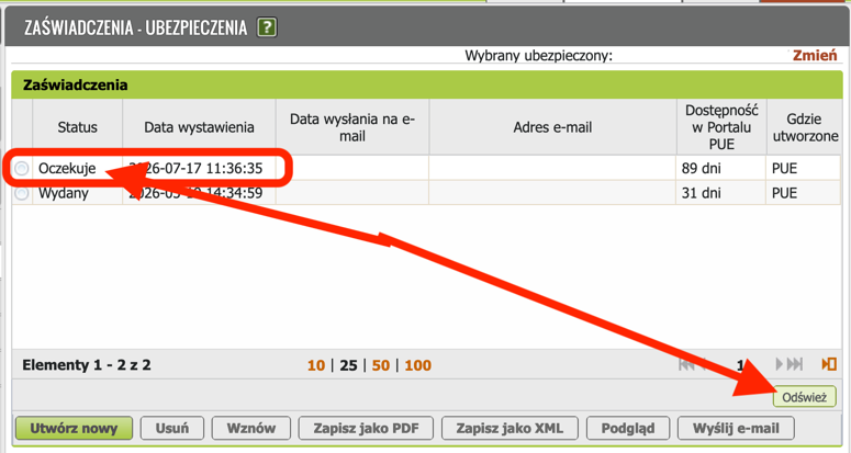 Document list: Oczekuje status changes to Wystawiony, Odśwież button