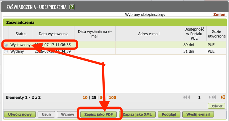 Zapisz jako PDF button to save the signed certificate