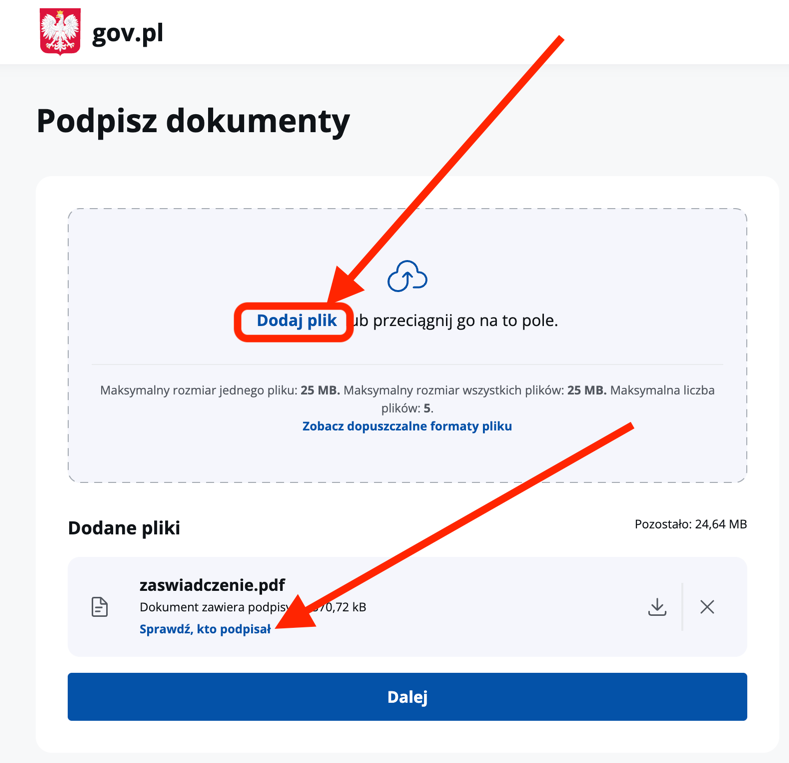 podpis.gov.pl: Sprawdź, kto podpisał button next to the uploaded PDF