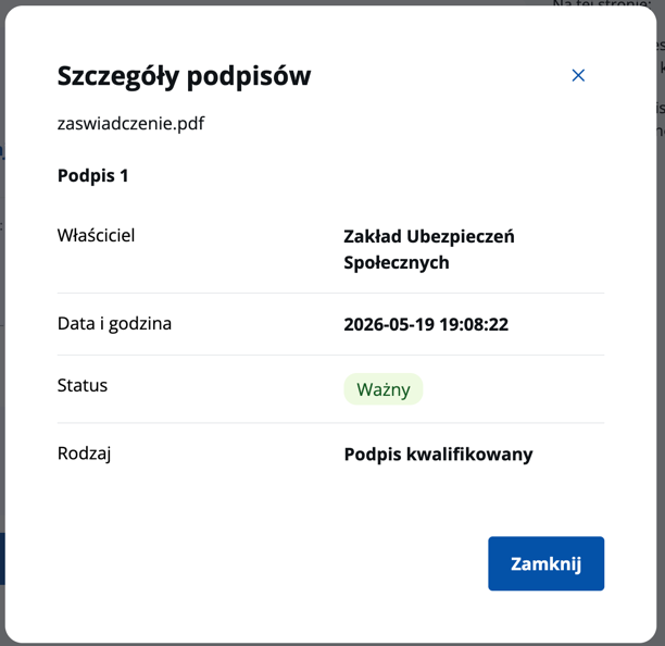 Szczegóły podpisów: document signed by Zakład Ubezpieczeń Społecznych, podpis kwalifikowany