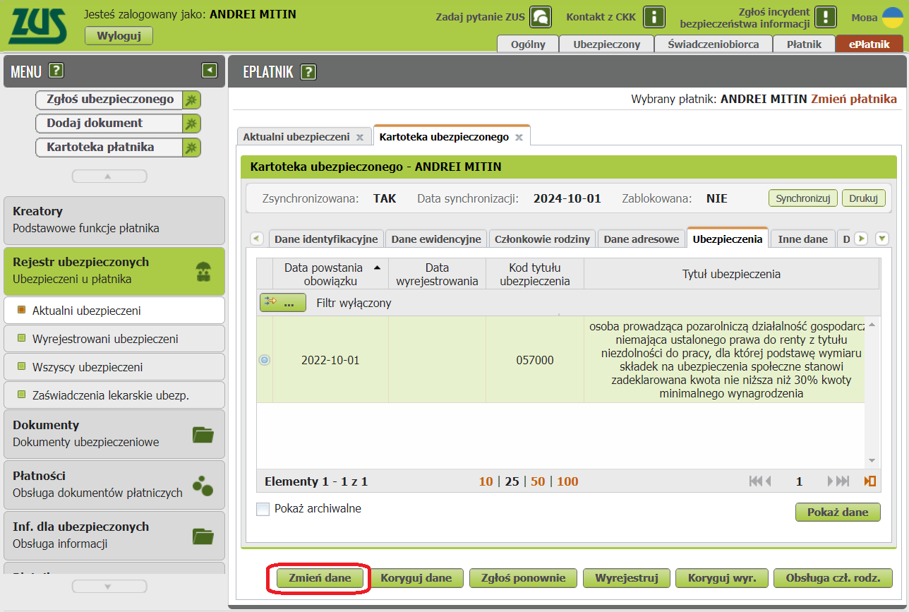 Kartoteka: Ubezpieczenia tab with the current code, Zmień dane button