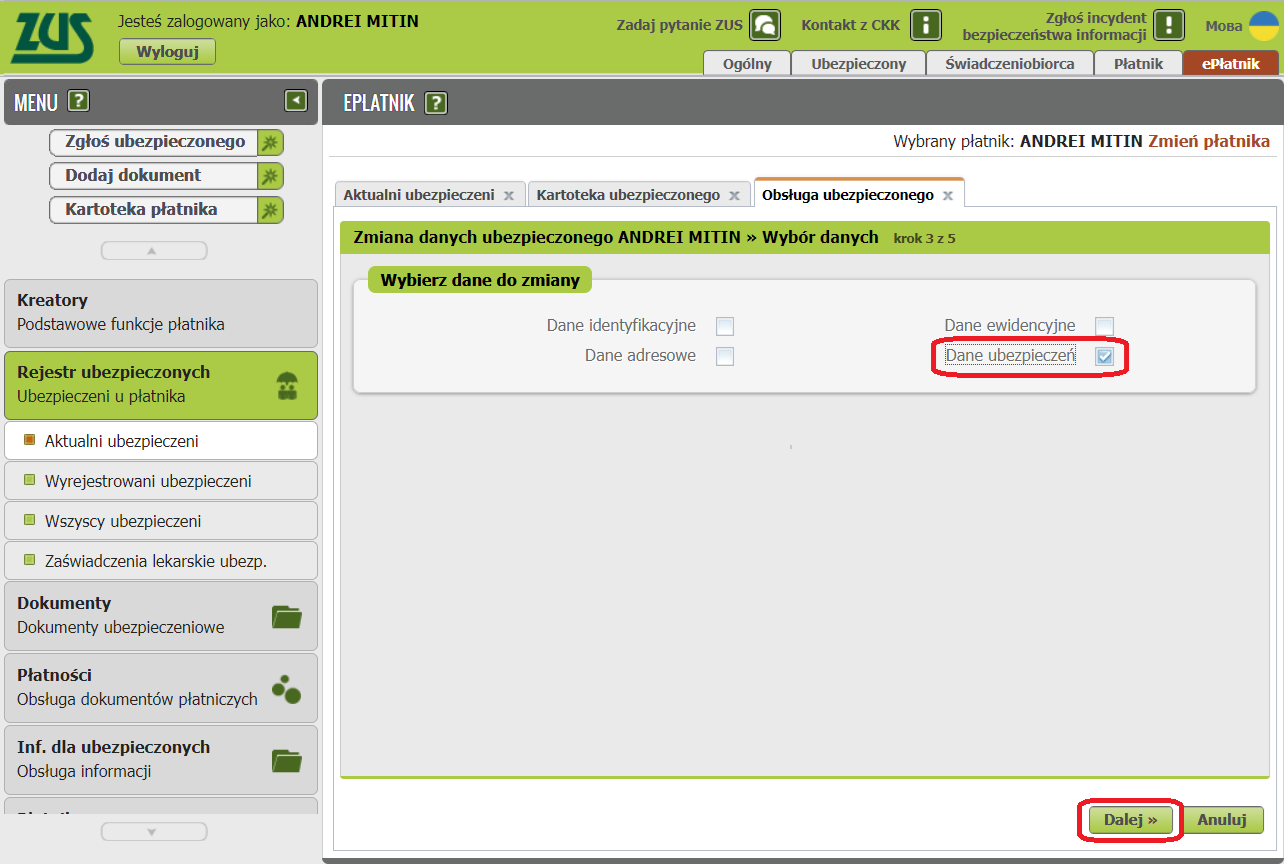 Obsługa ubezpieczonego: Wybierz dane do zmiany step, Dane ubezpieczeń checkbox