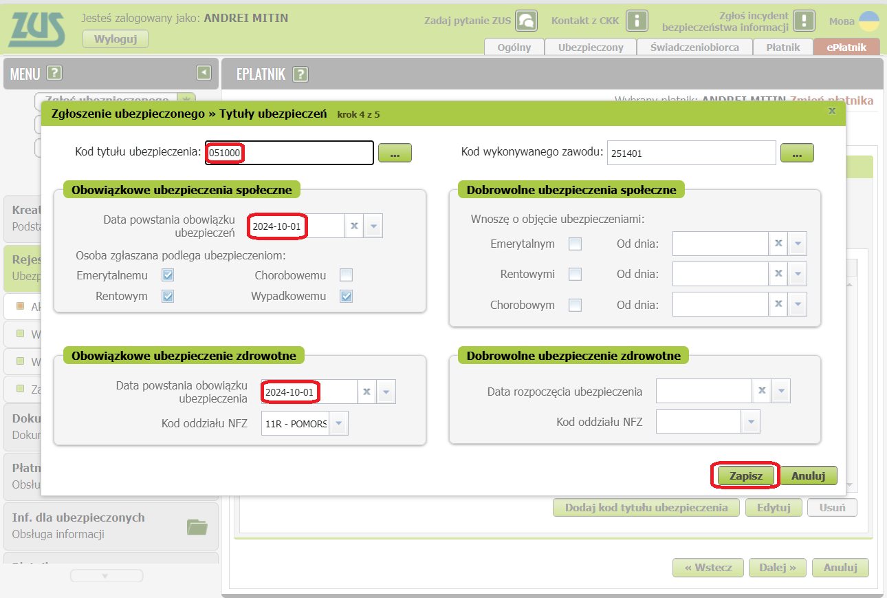Tytuły ubezpieczeń popup: Kod tytułu ubezpieczenia and contribution checkboxes
