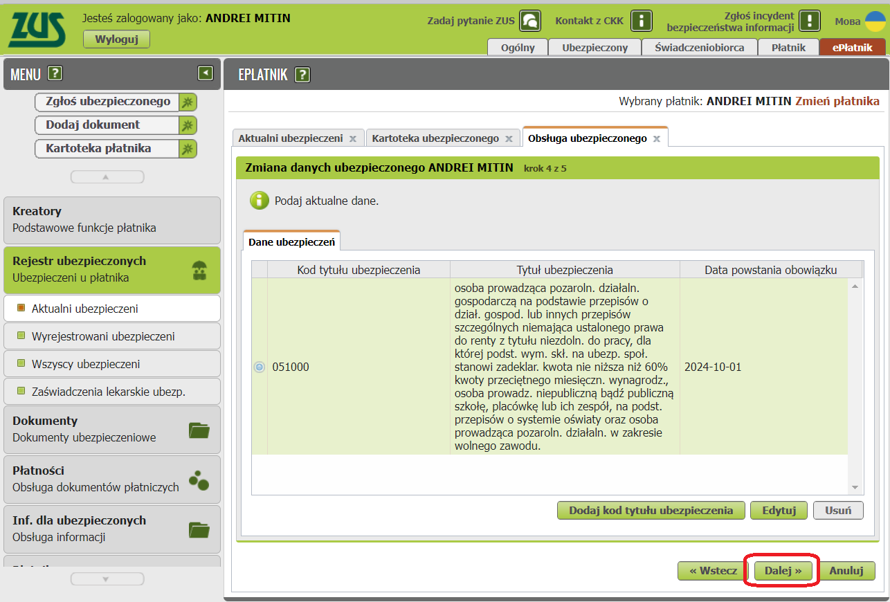 Updated Dane ubezpieczeń with code 051000 after switching to Duży ZUS