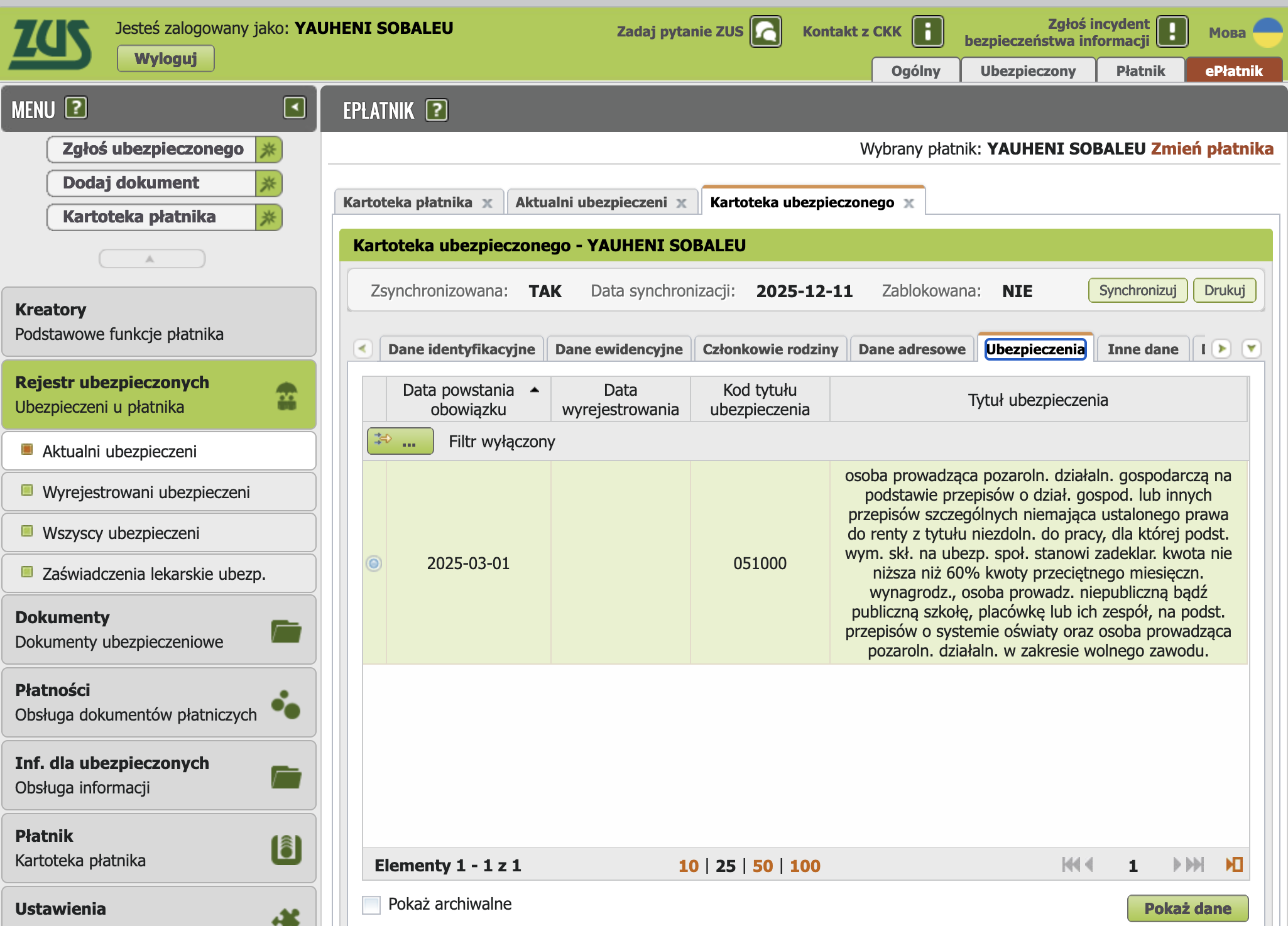 Kartoteka with updated insurance data after processing