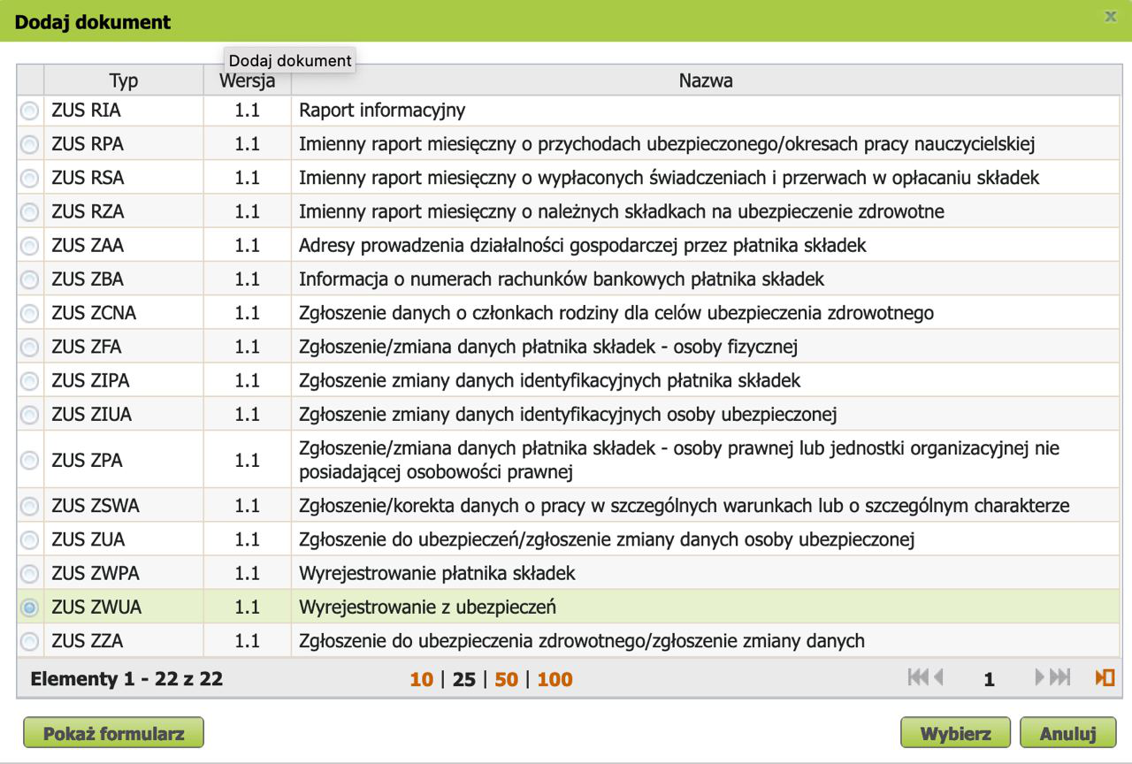 e-Płatnik: Dodaj dokument window, selecting the ZUS ZWUA document