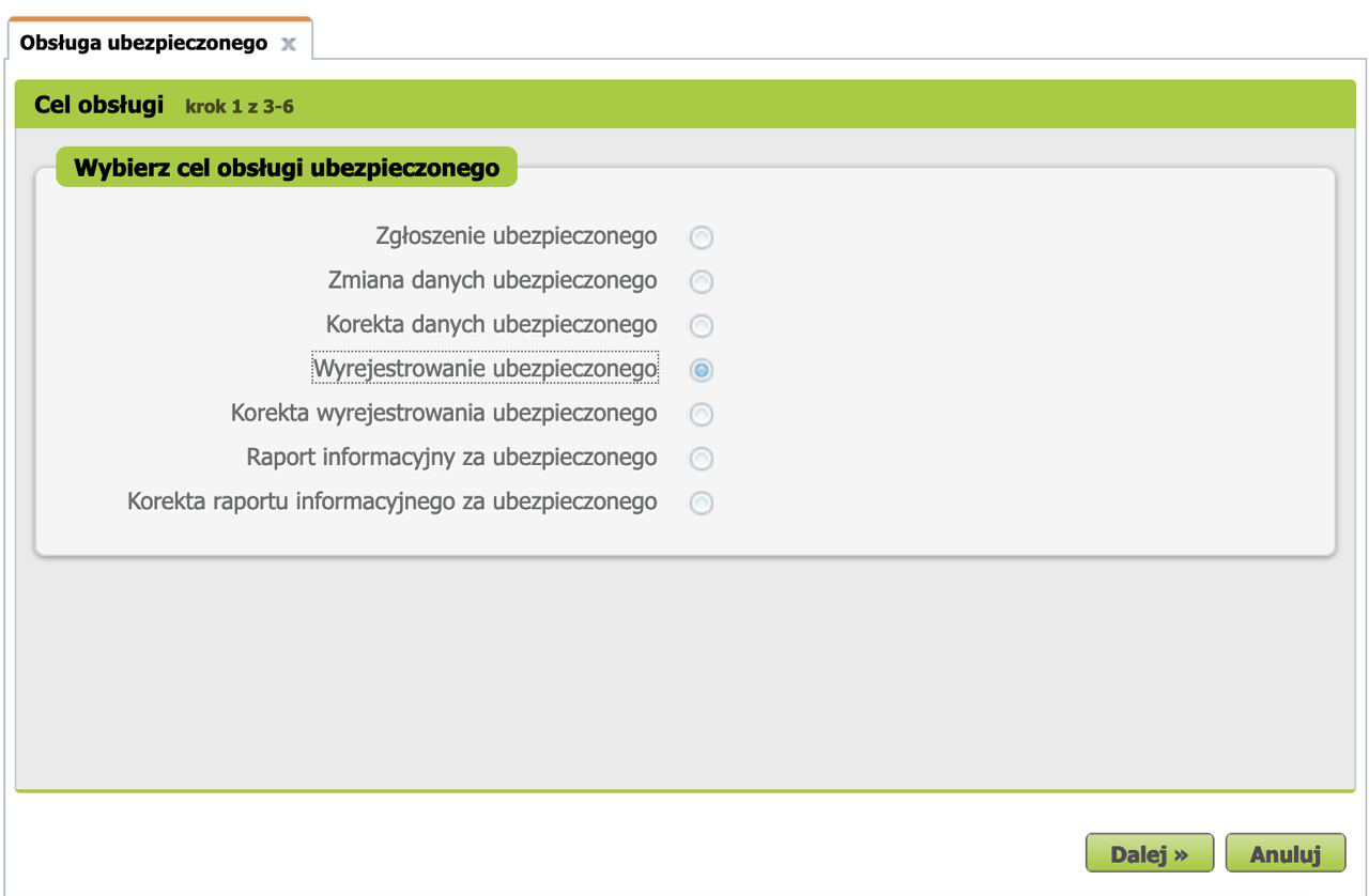 Obsługa ubezpieczonego window: Wyrejestrowanie ubezpieczonego selected
