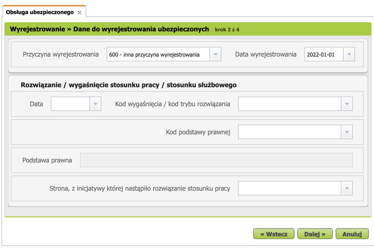 Dane do wyrejestrowania step: Przyczyna wyrejestrowania (600) and Data wyrejestrowania
