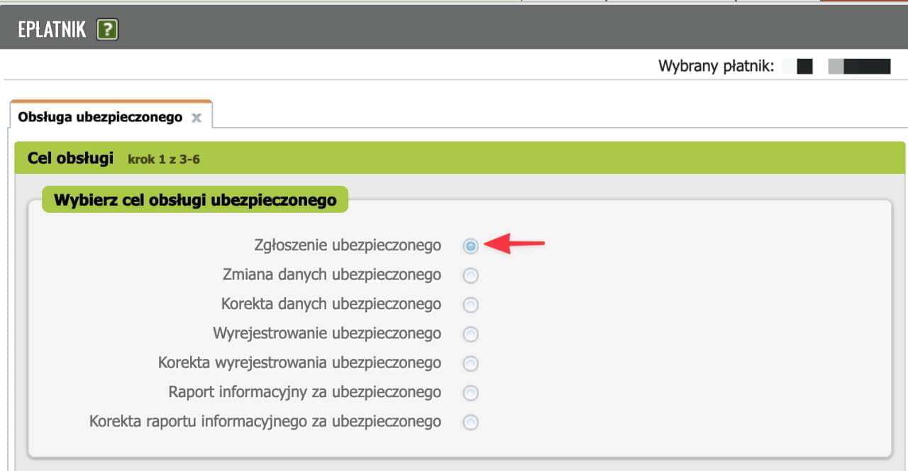 Obsługa ubezpieczonego window: Zgłoszenie ubezpieczonego selected