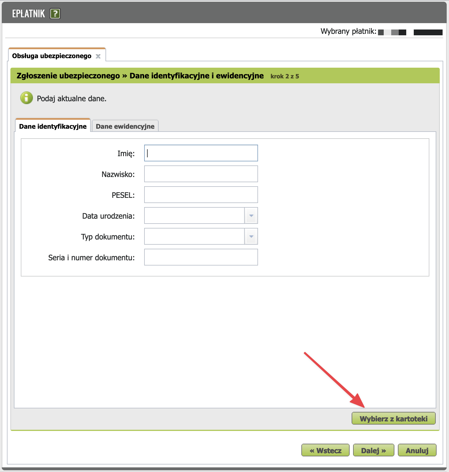Dane identyfikacyjne i ewidencyjne step with Wybierz z kartoteki button