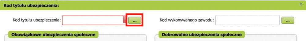 Kod tytułu ubezpieczenia window: code picker button and insurance sections