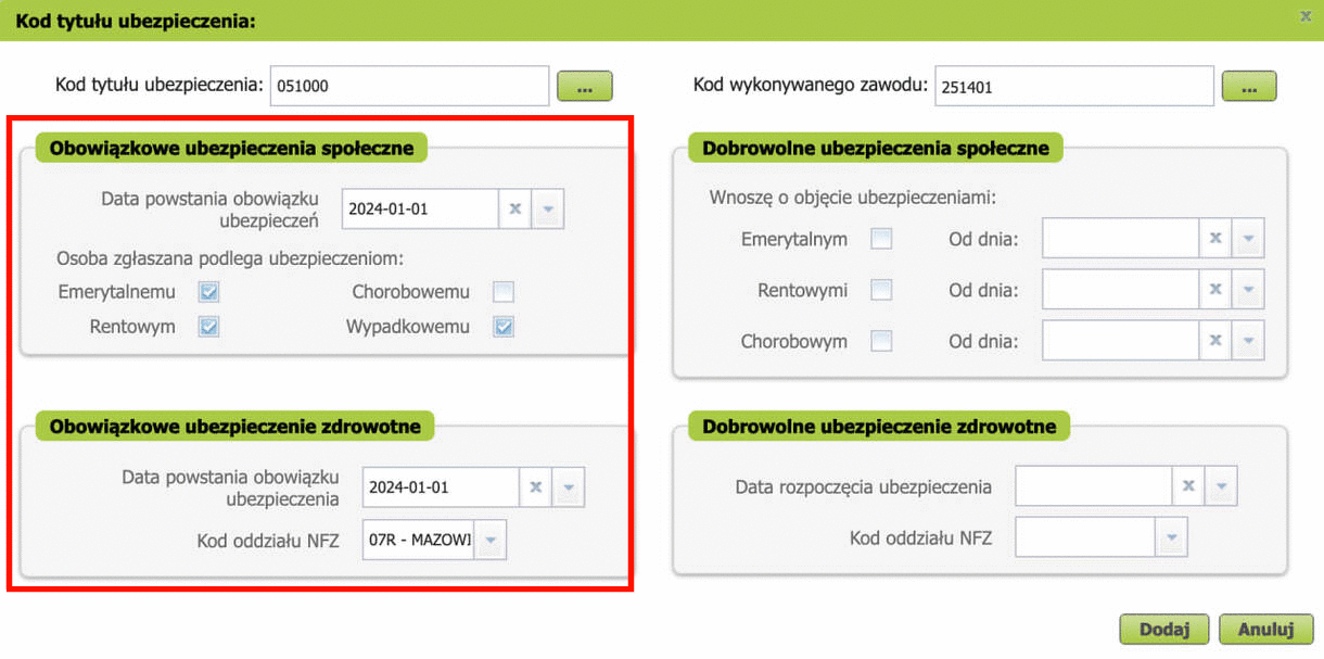 Kod tytułu ubezpieczenia window: mandatory and voluntary contributions checked