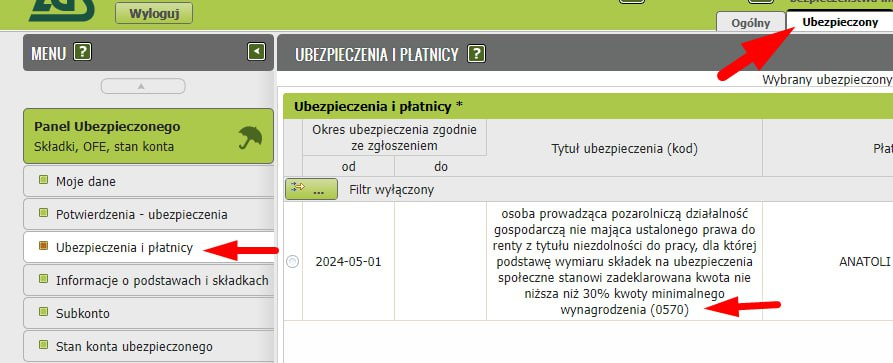 eZUS Ubezpieczony panel: insurance title with code 0570 in Ubezpieczenia i płatnicy