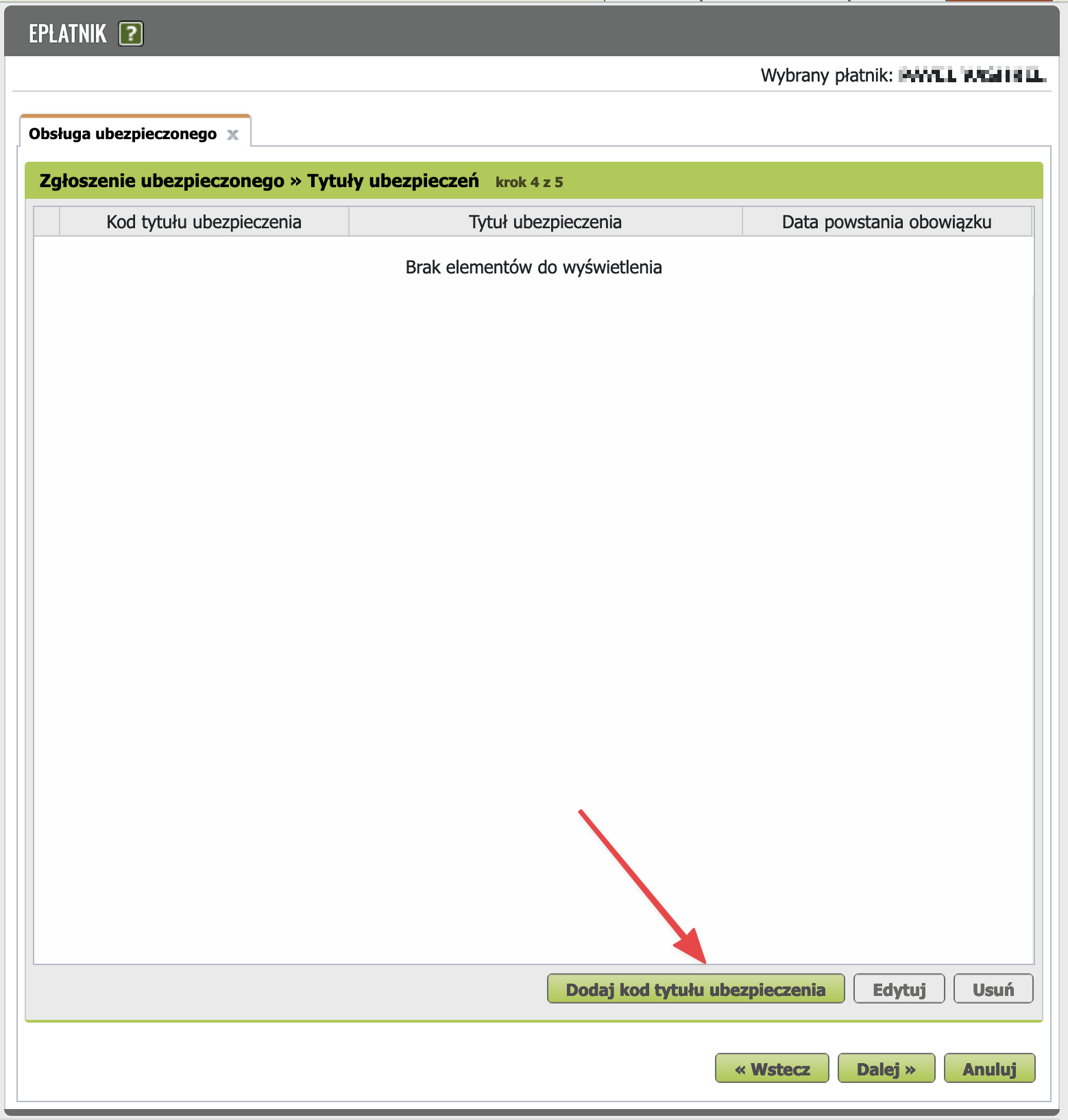Tytuły ubezpieczeń step with Dodaj kod tytułu ubezpieczenia button