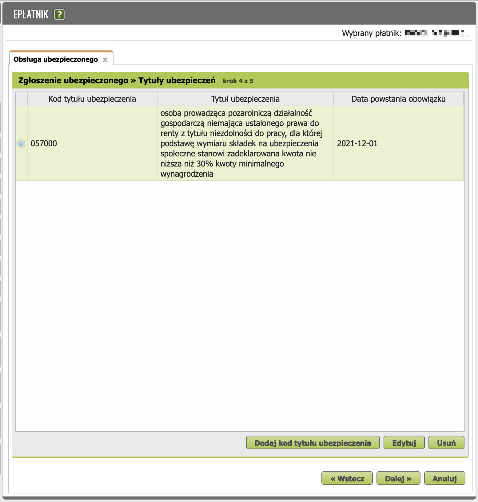 Tytuły ubezpieczeń step: insured person with code 057000 selected