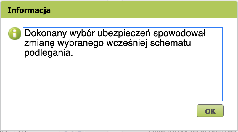 Informacja dialog about the changed insurance scheme, OK button