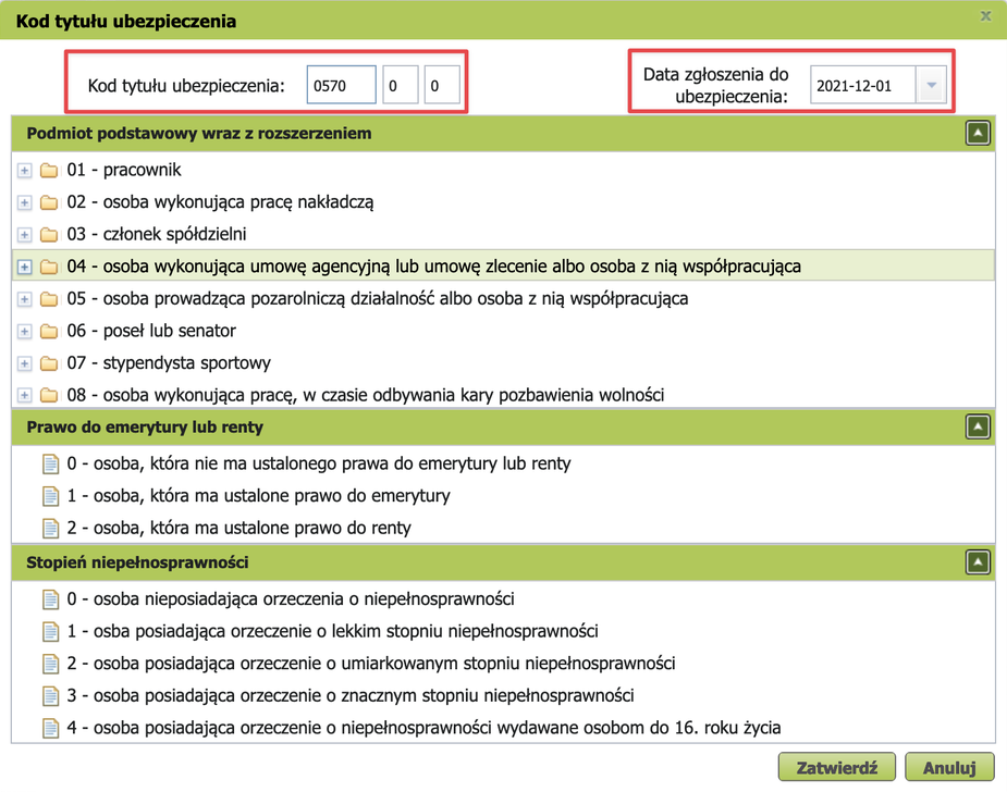 Selecting code 0570, Data zgłoszenia do ubezpieczenia field, Zatwierdź button