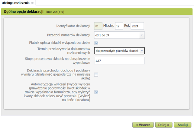 Creator: general declaration options with the date pre-filled, Dalej button