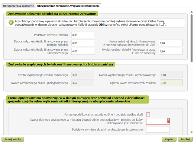 Ubezpieczenie zdrowotne tab: selecting the tax form
