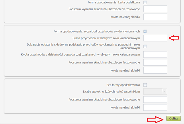 Income amount field for ryczałt, Oblicz button