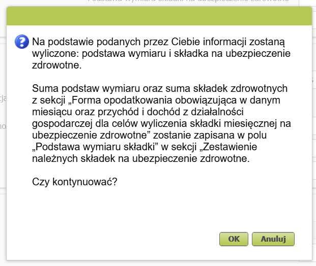 Message about the calculated base and health insurance contribution, Ok button