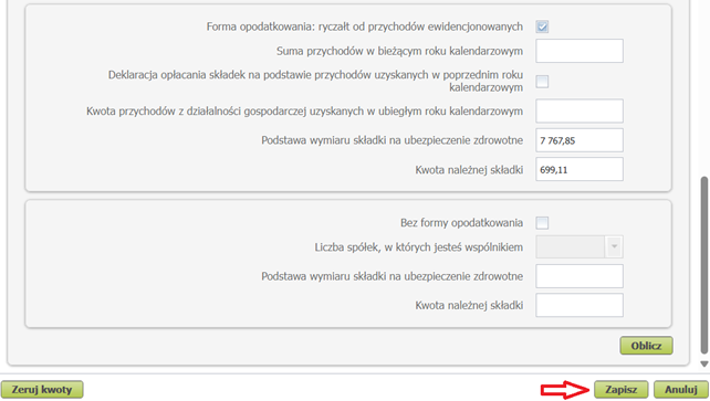 Automatically filled contribution fields, Zapisz button