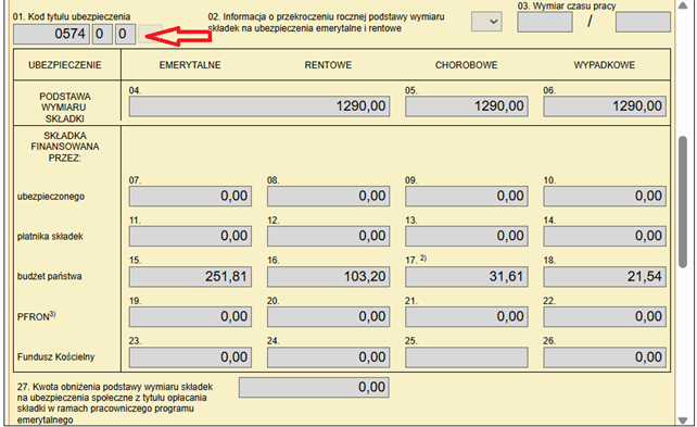 ZUS RCA declaration with code 057400: fields 15–18 — state-paid contributions