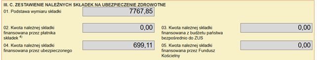 ZUS RCA declaration 057000: section III.C, field 04 — składka zdrowotna