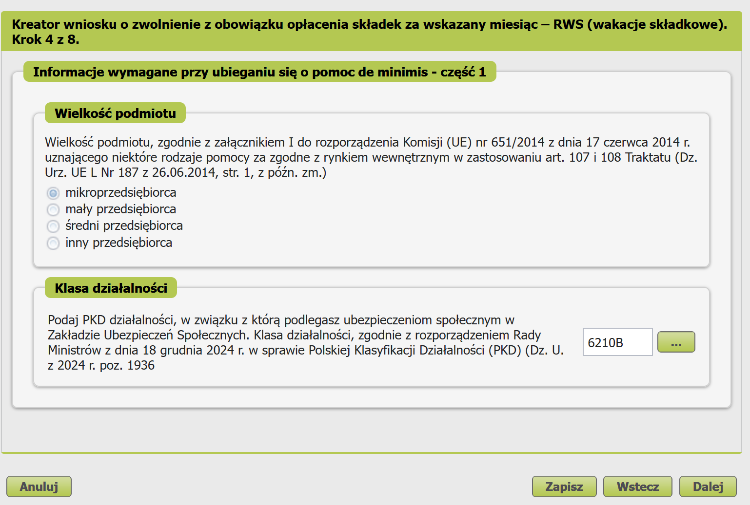 RWS form, Wielkość podmiotu section: mikroprzedsiębiorca selected