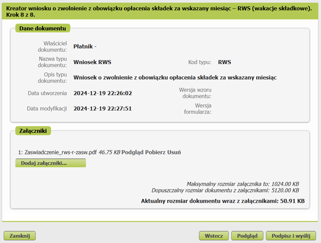 Last step of the RWS form with a zaświadczenie attached