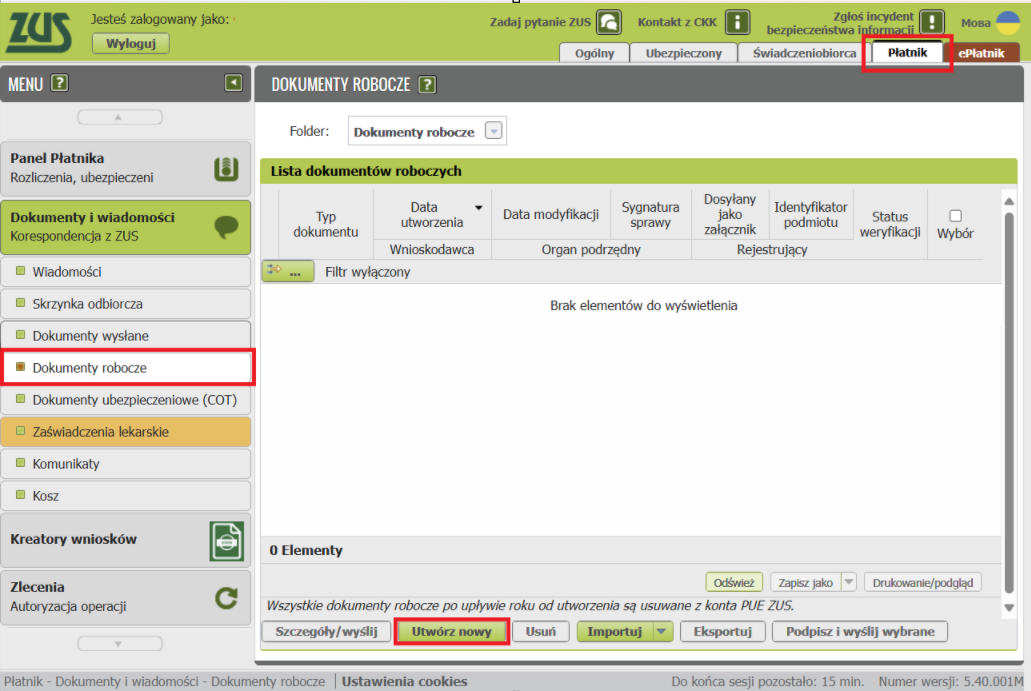 PUE ZUS: Dokumenty robocze section, Utwórz nowy button