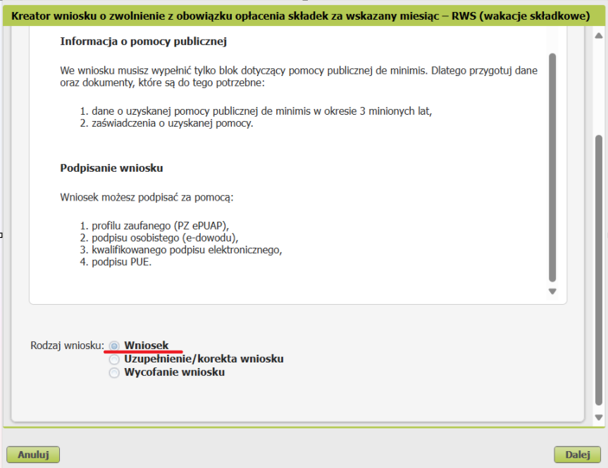 RWS form: document type Wniosek selected