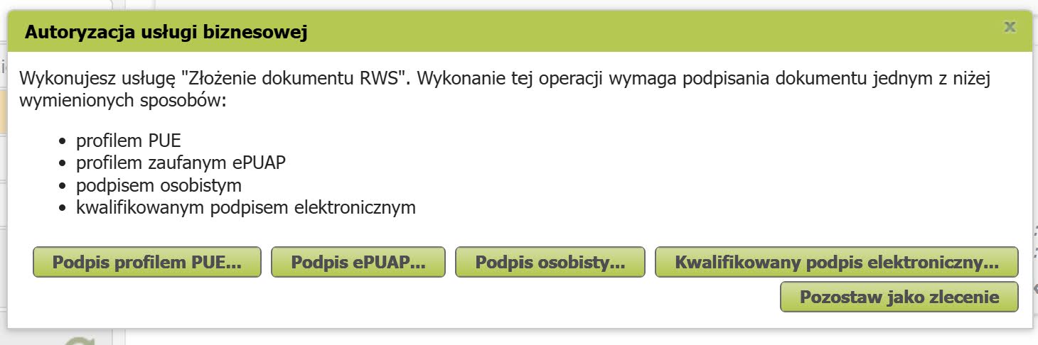 Signature method selection window, first option — Podpis profilem PUE