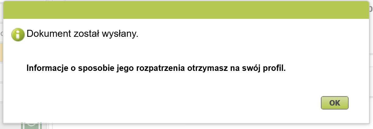 Message confirming the application was sent to ZUS