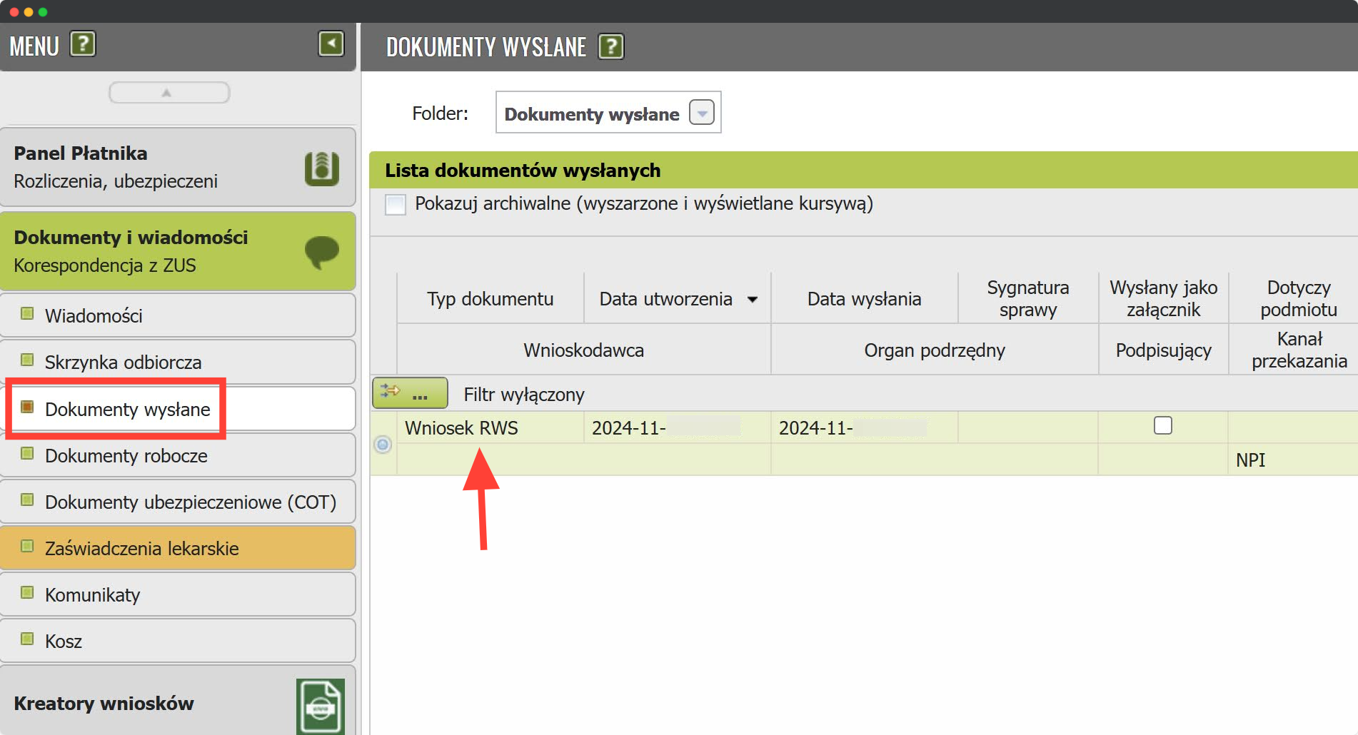 Dokumenty wysłane section: the sent Wniosek RWS