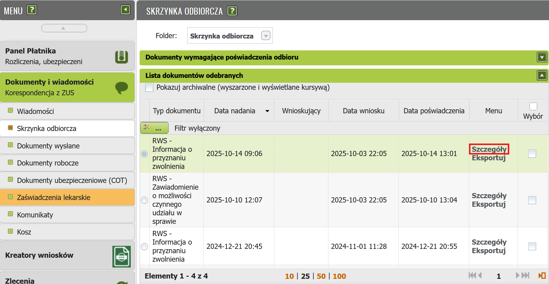 Skrzynka odbiorcza: RWS document — Informacja o przyznaniu zwolnienia, Szczegóły button
