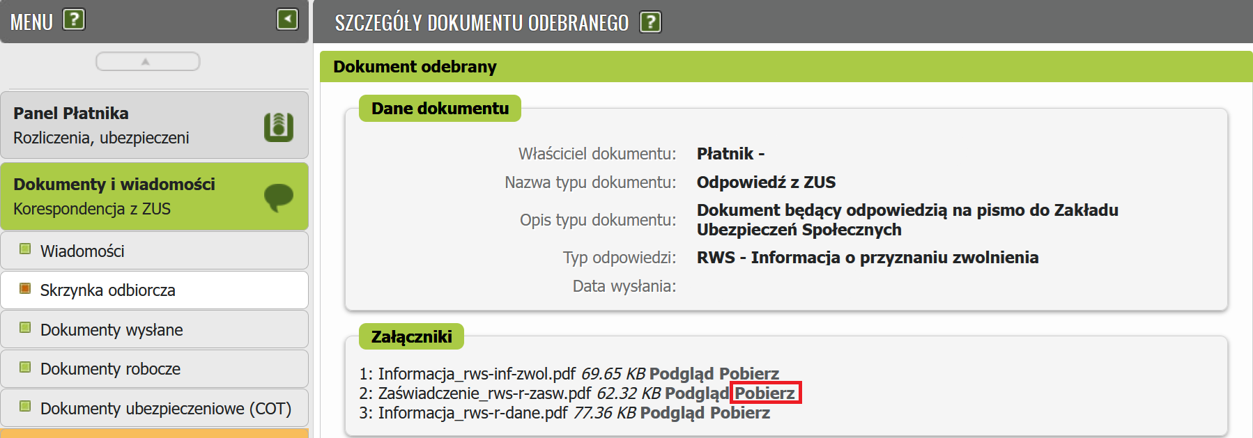 Szczegóły panel, Załączniki section: zaświadczenie file, Pobierz button